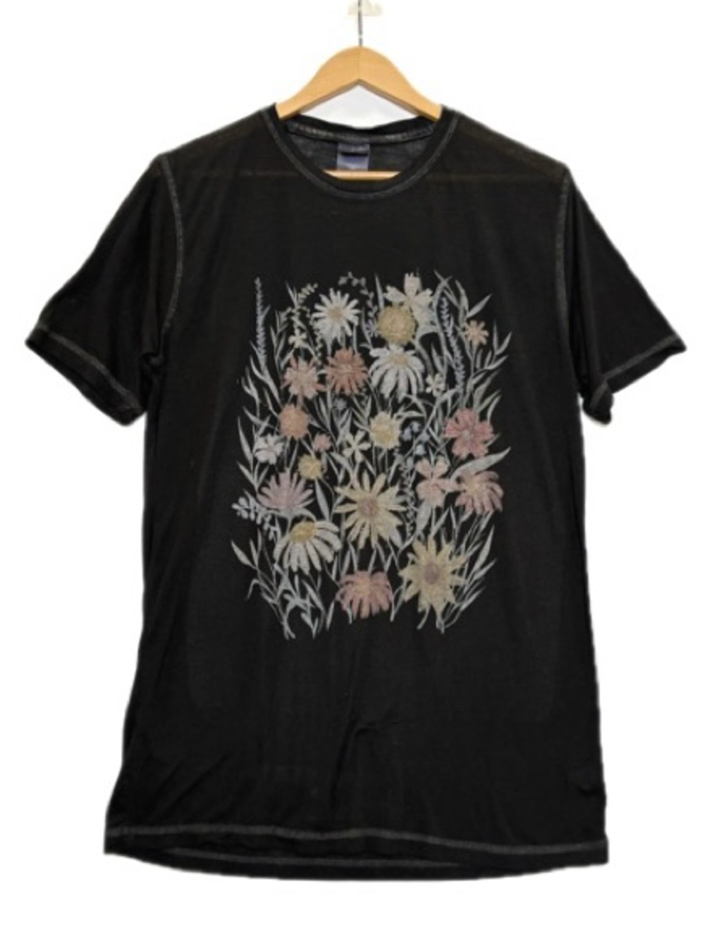 J America Floral Zen Faded Jersey T-Shirt Womens Size M Black Graphic Crew Tee